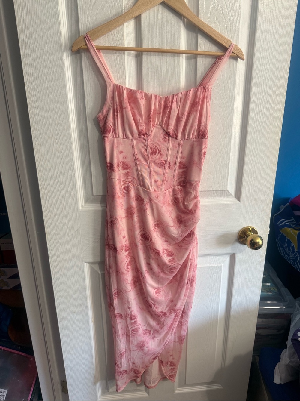 SHEIN Pink Floral Midi Slip Dress with Draped Side